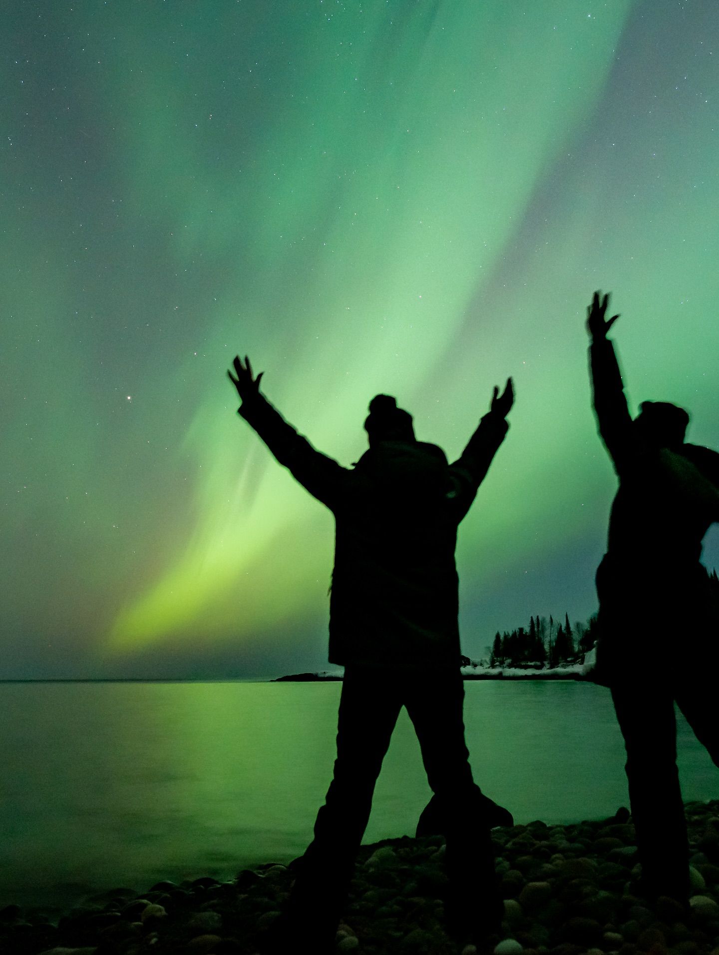 Two people silhouetted with arms raised, watching the green aurora borealis over a lake.