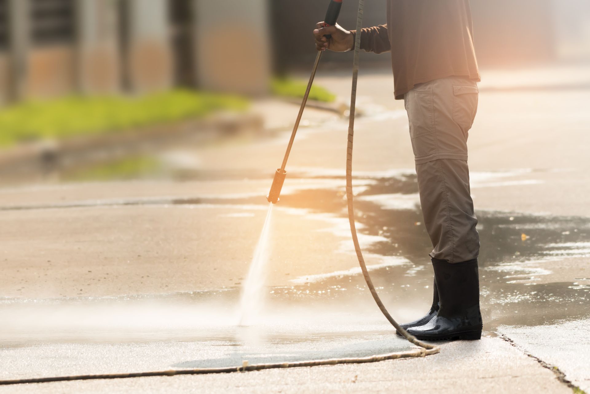 A man is using a high pressure washer to clean a sidewalk.