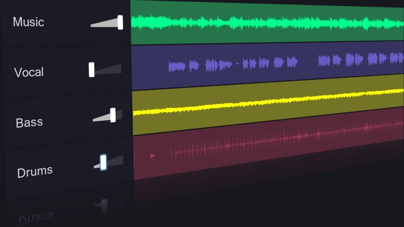 Audio mixing interface: Tracks for music, vocals, bass, and drums, with volume sliders and waveforms.