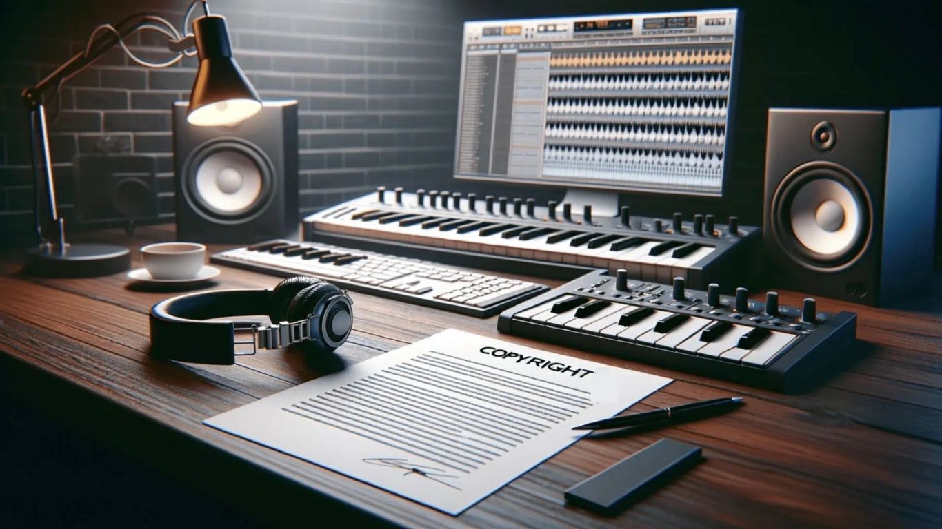 Music studio setup with computer screen showing a music editing program, keyboards, speakers, headphones, and sheet music on a desk.