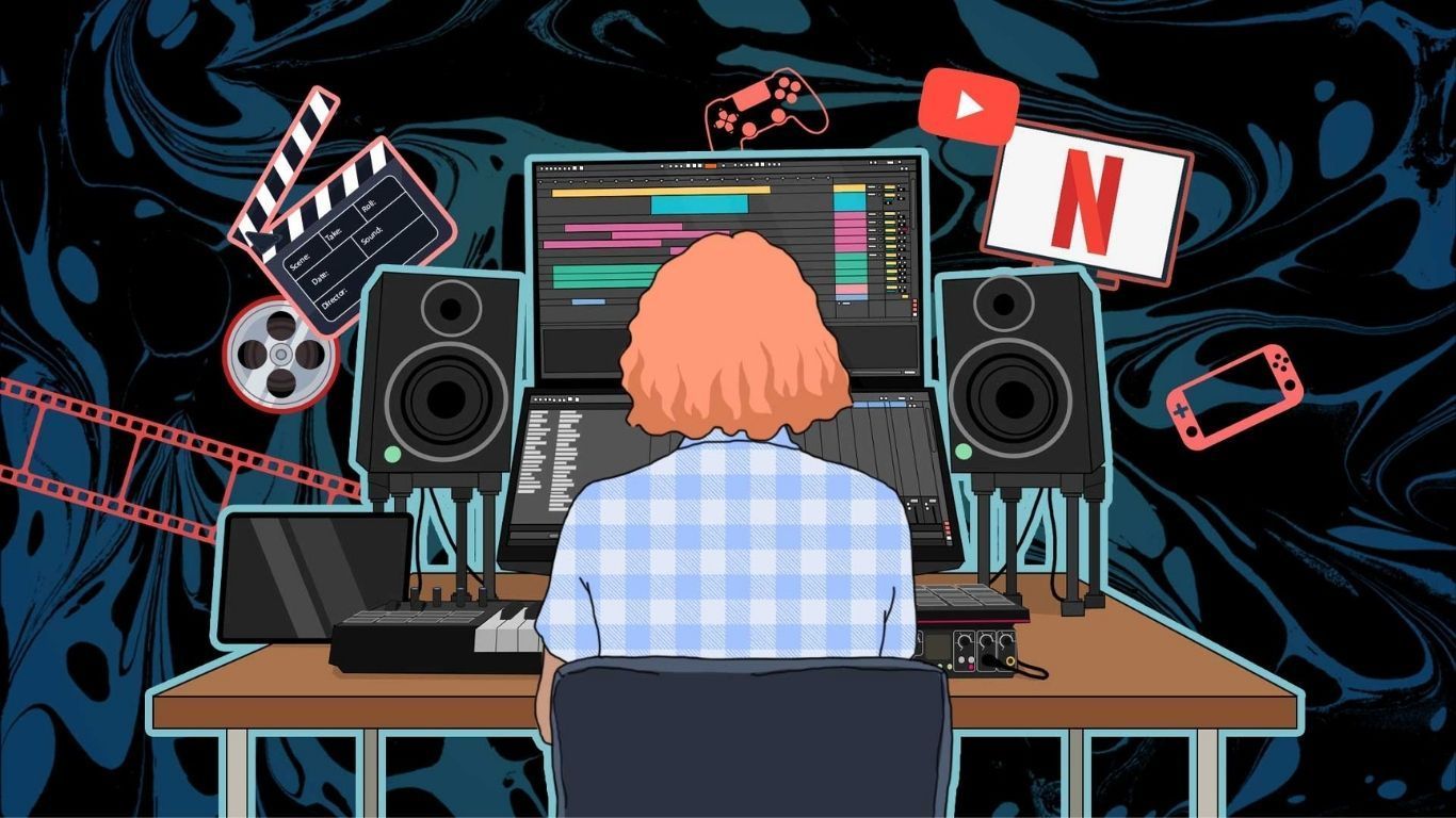 A person edits media at a desk with a computer, surrounded by icons for film, streaming, and gaming.