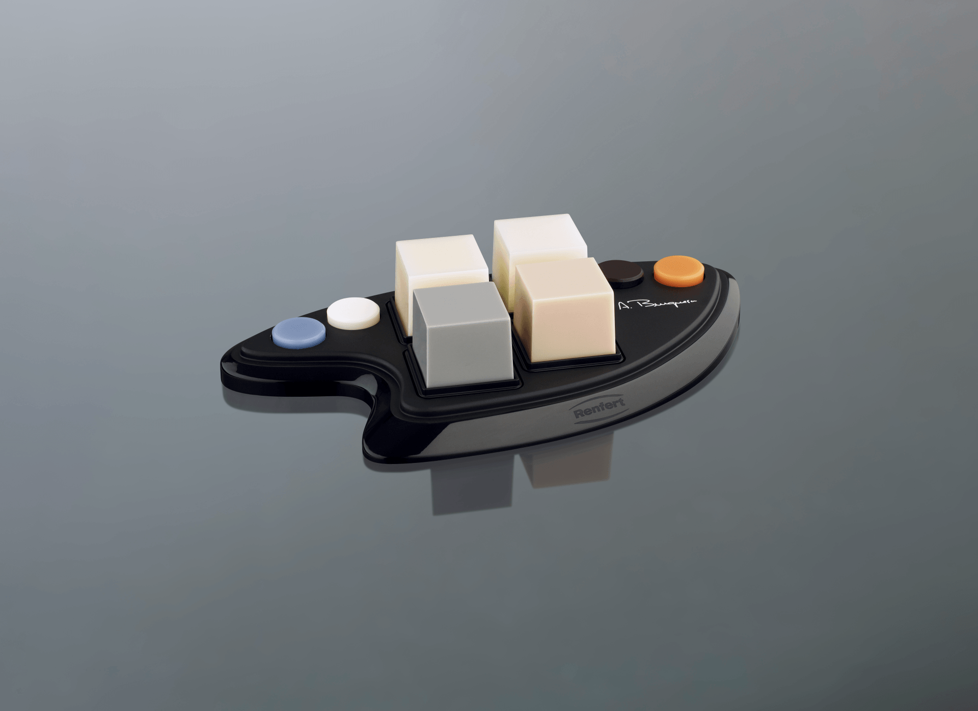 A dental waxwith buttons on it is sitting on a table.