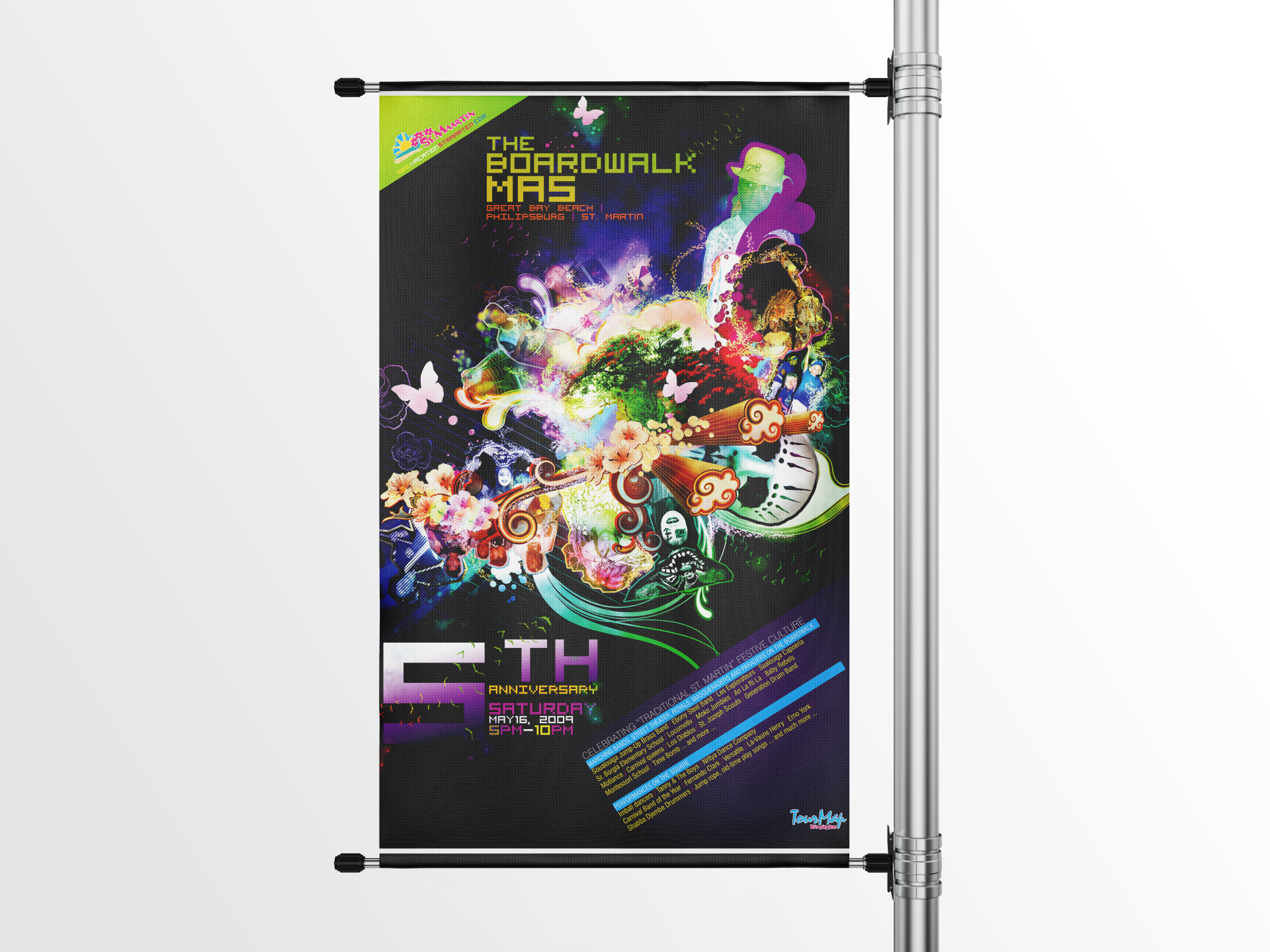 A colorful poster is hanging on a pole.