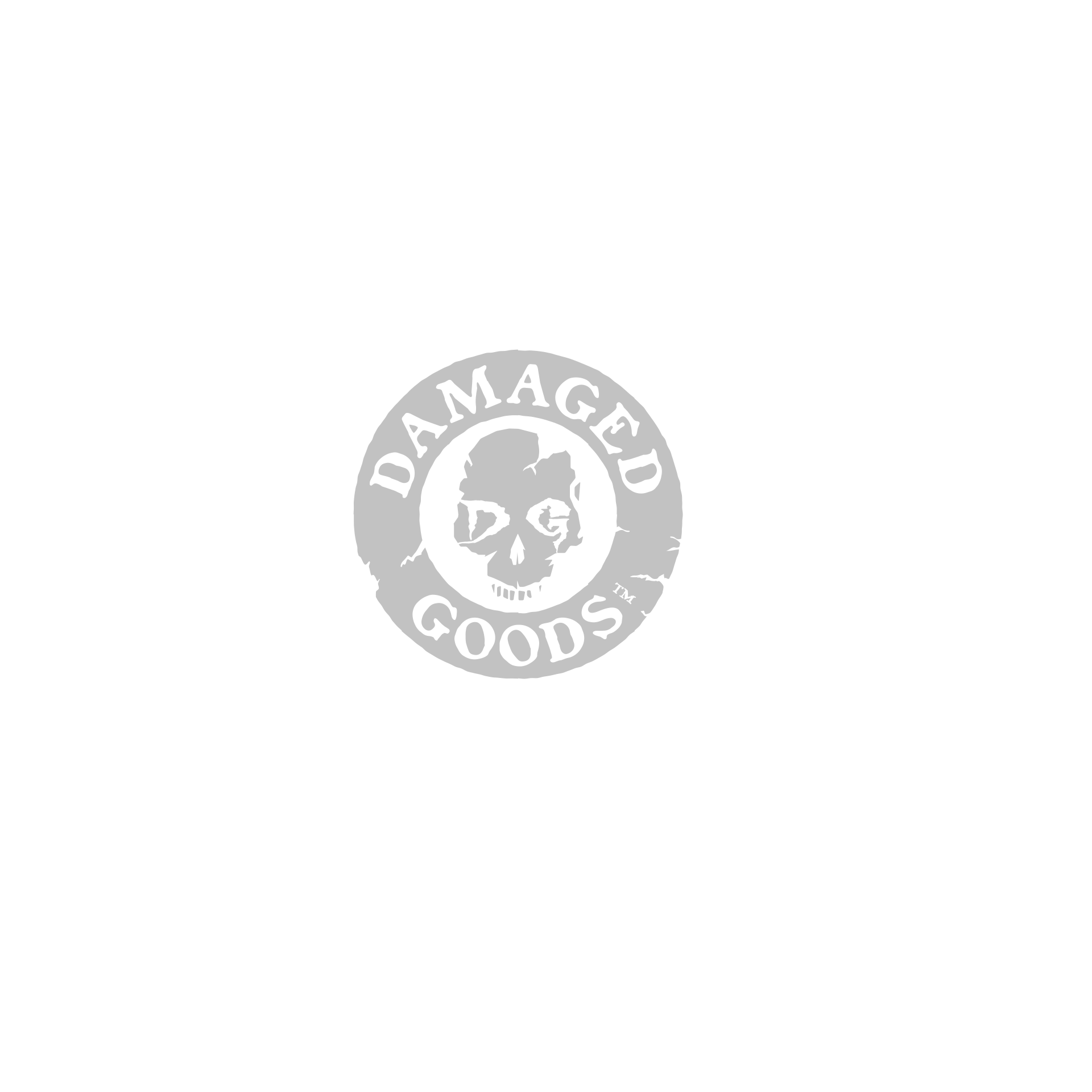 A logo for damaged goods with a skull in a circle.