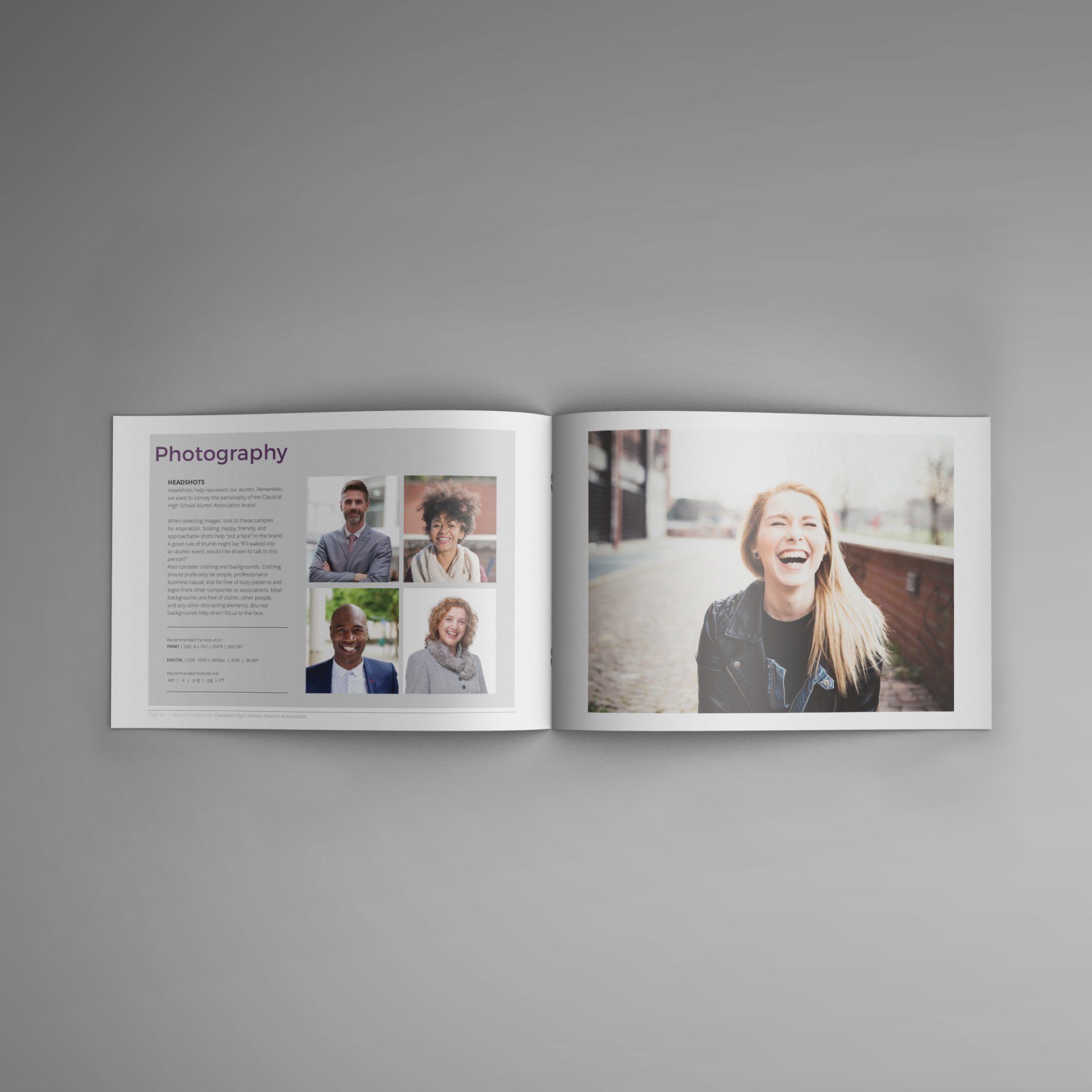 A book is open to a page with a picture of a woman laughing.