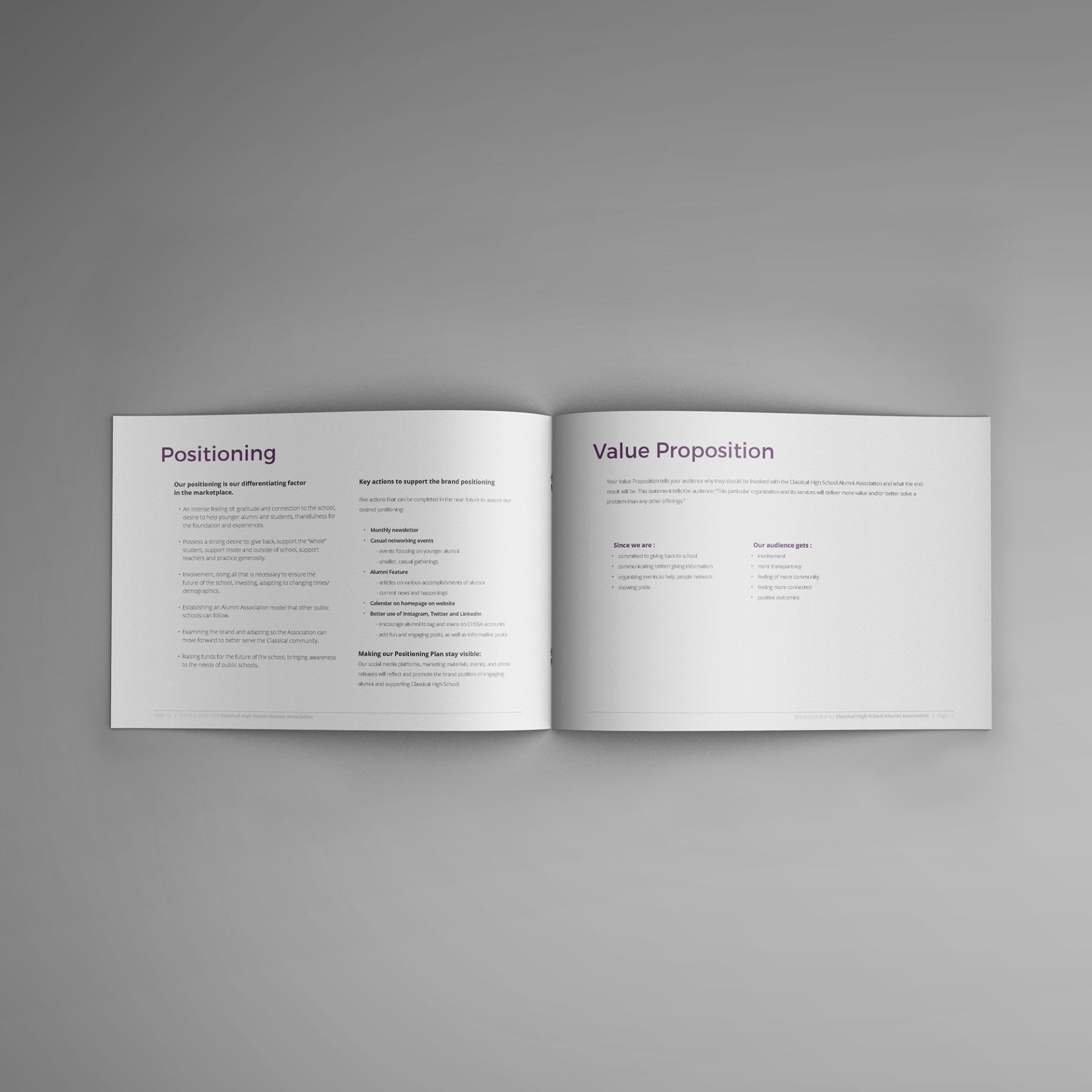 A book is open to a page that says ' positioning ' and ' value propositions '