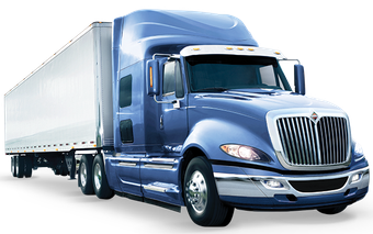 A blue semi truck with a white trailer attached to it