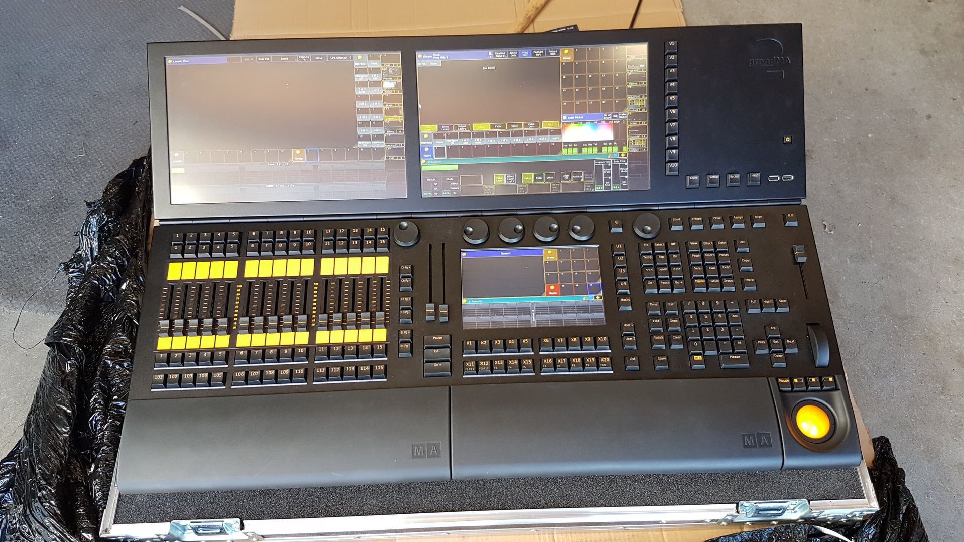 Console With Two Monitors On Top, Yellow Faders, And A Large Trackball — Kennedy Amplifier Hire Service In South Mackay, QLD