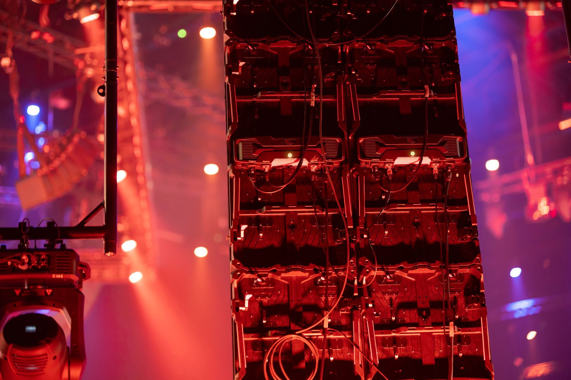 Rows of Red Concert Speakers, Stage Lighting — Kennedy Amplifier Hire Service In South Mackay, QLD