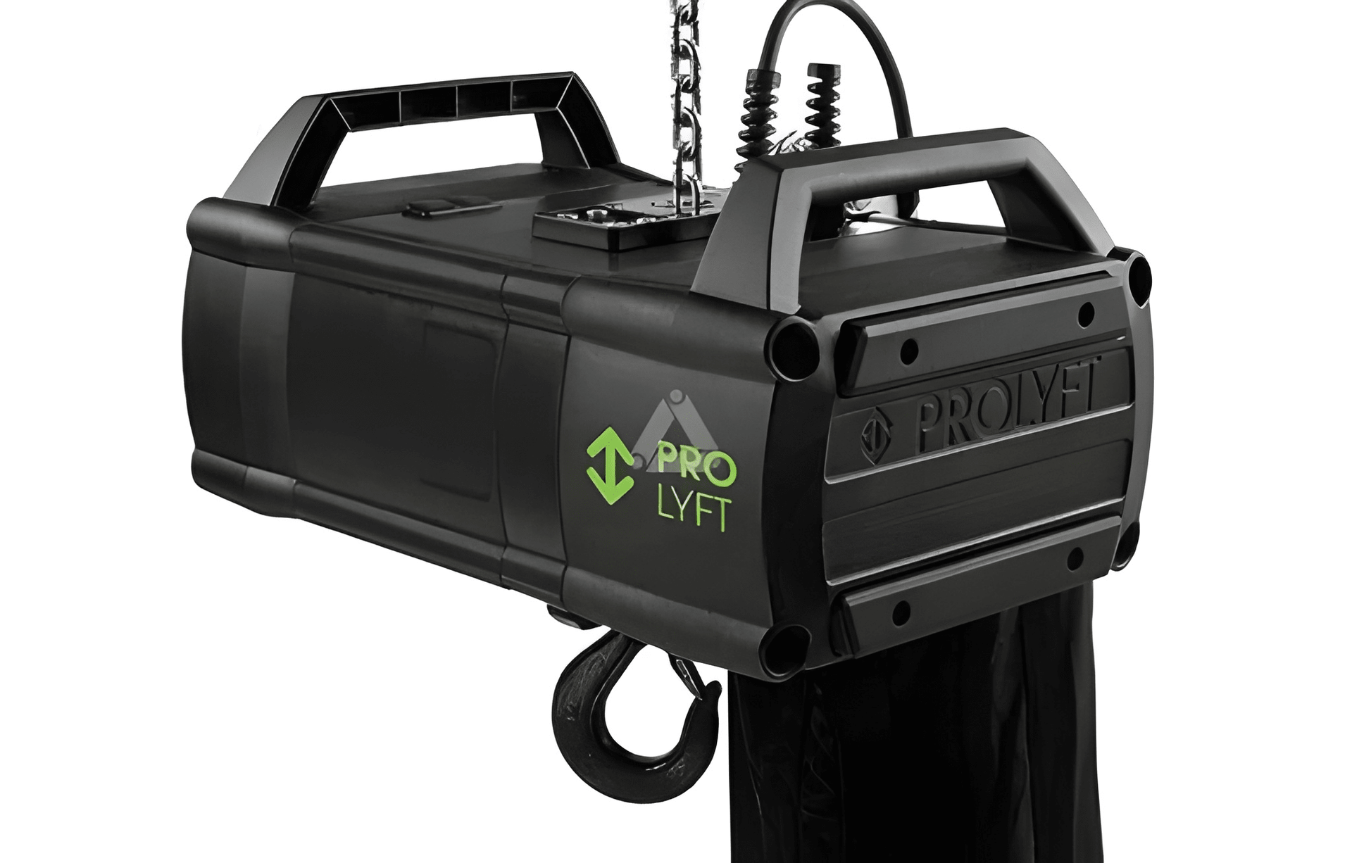 Black Prolyft Hoist, Suspended By A Chain — Kennedy Amplifier Hire Service In South Mackay, QLD