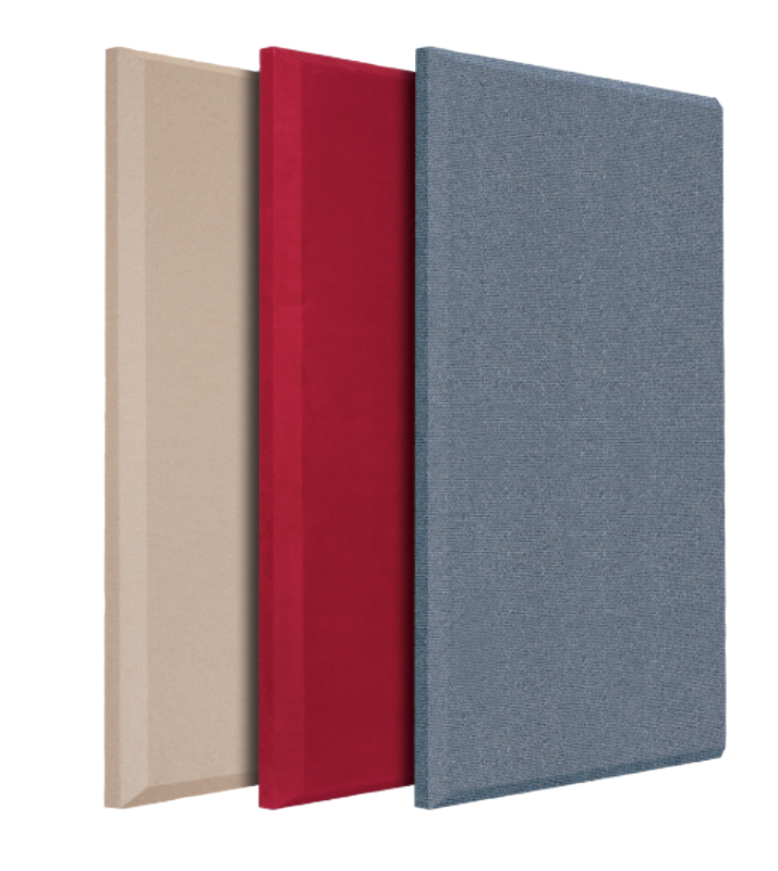 Three standing fabric-covered panels in beige, red, and blue-gray on a white background