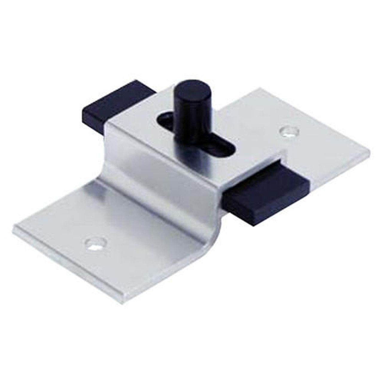 Metal sliding door latch with black knobs on a silver mounting bracket
