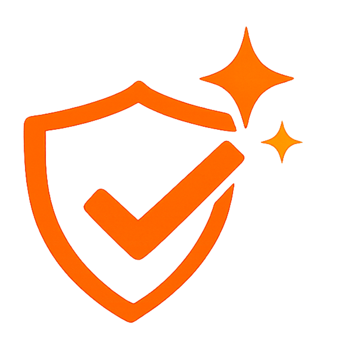 Orange shield with checkmark and sparkles icon