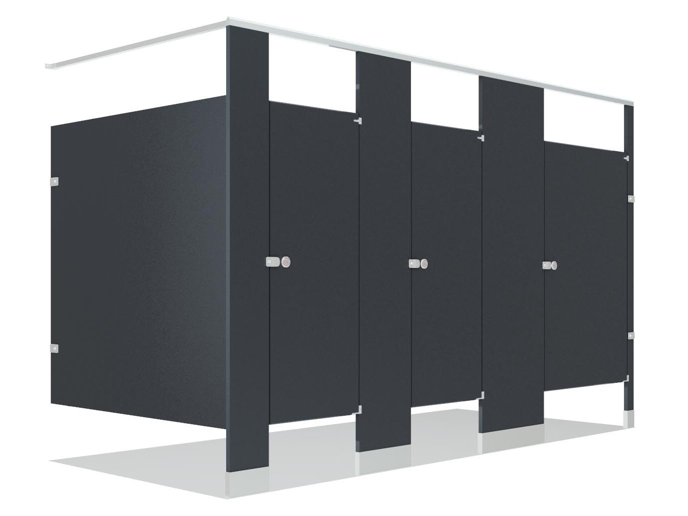 Row of dark gray restroom stalls with silver hinges and locks, viewed from an angle