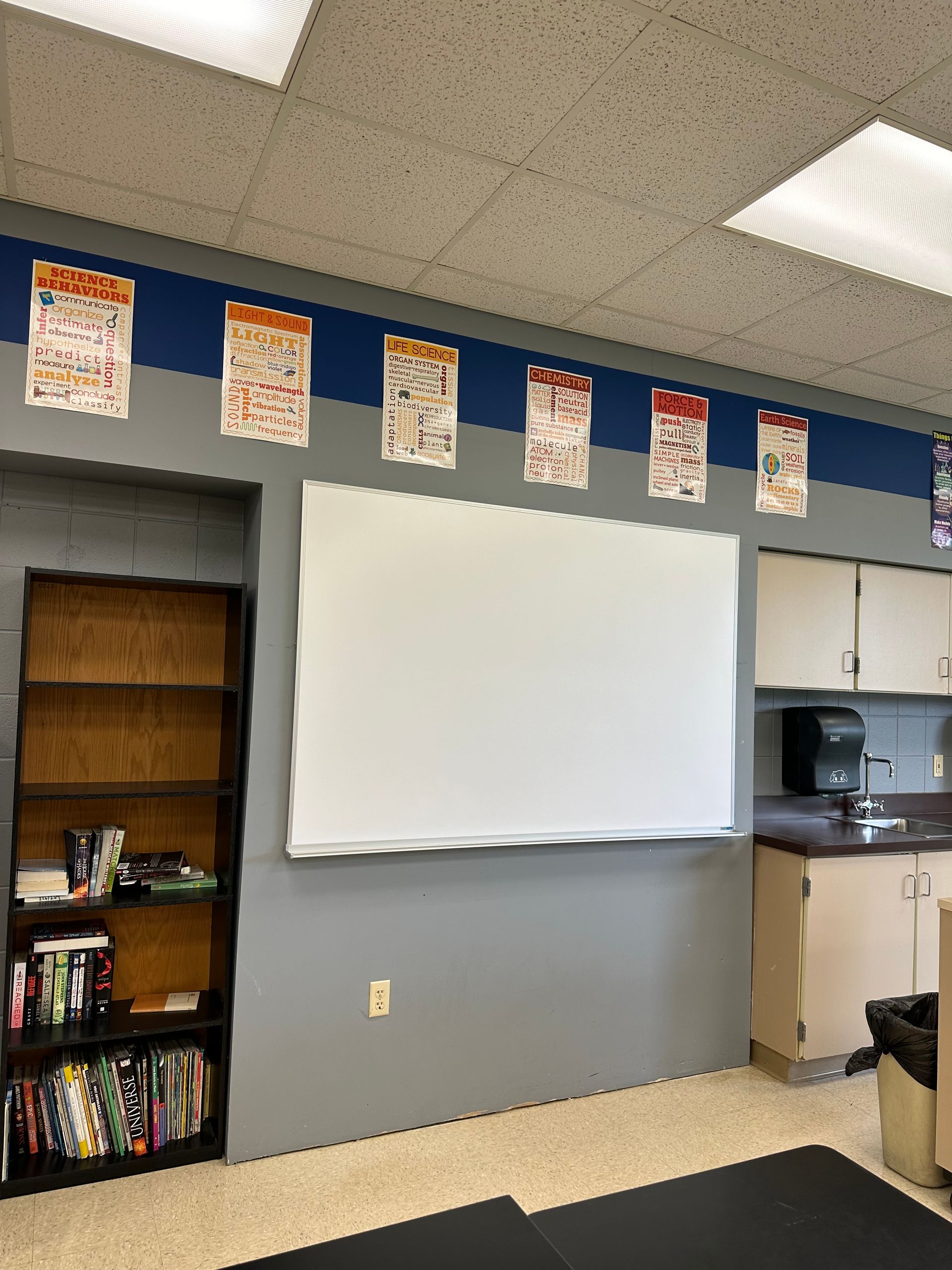 Classroom wall with white projector screen, shelves, cabinets, and colorful posters above