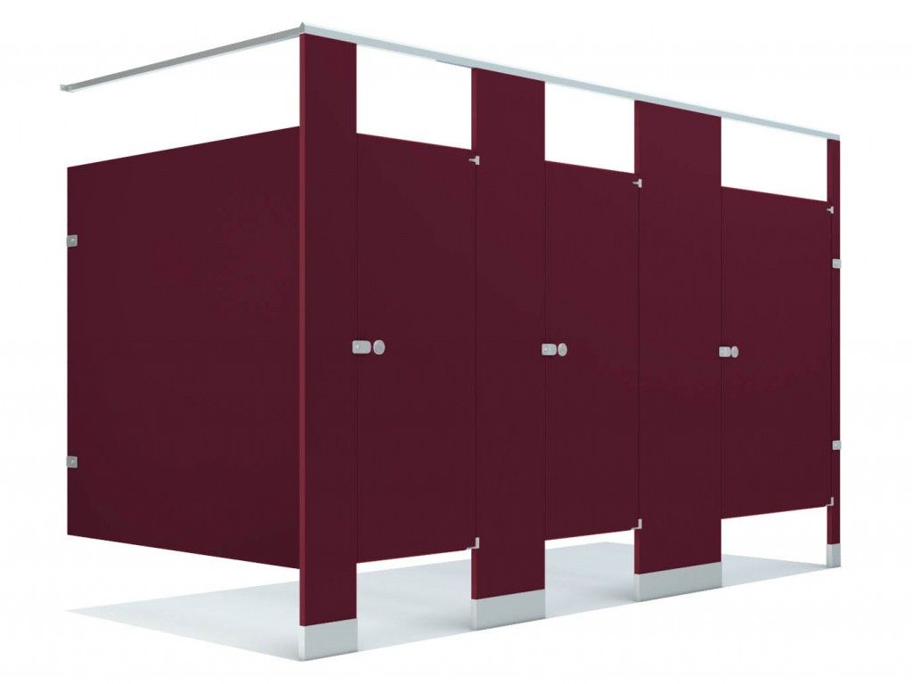 Maroon four-stall restroom partition with gray metal trim and doors on a white background