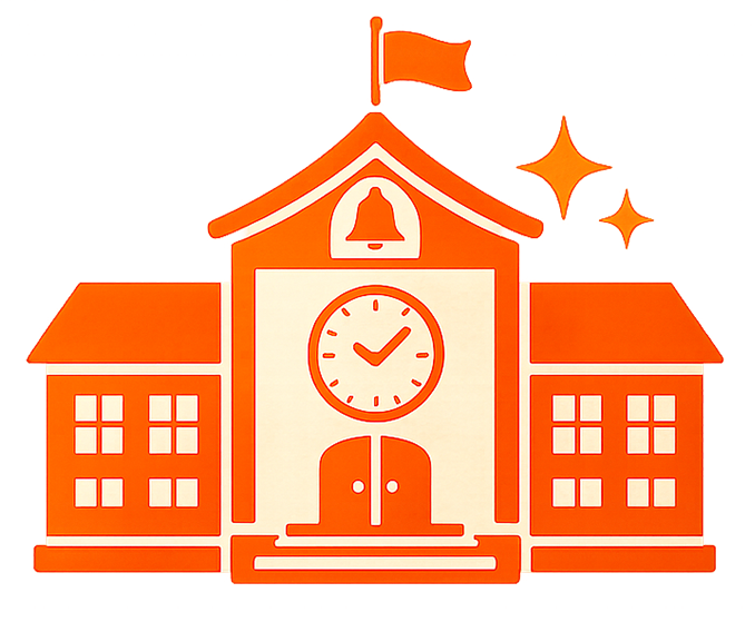 Orange school building with clock, bell tower, and flag icons