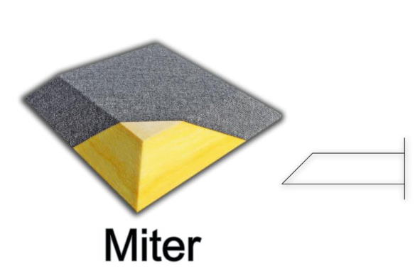 Gray and yellow mitered corner roof tile labeled “Miter”