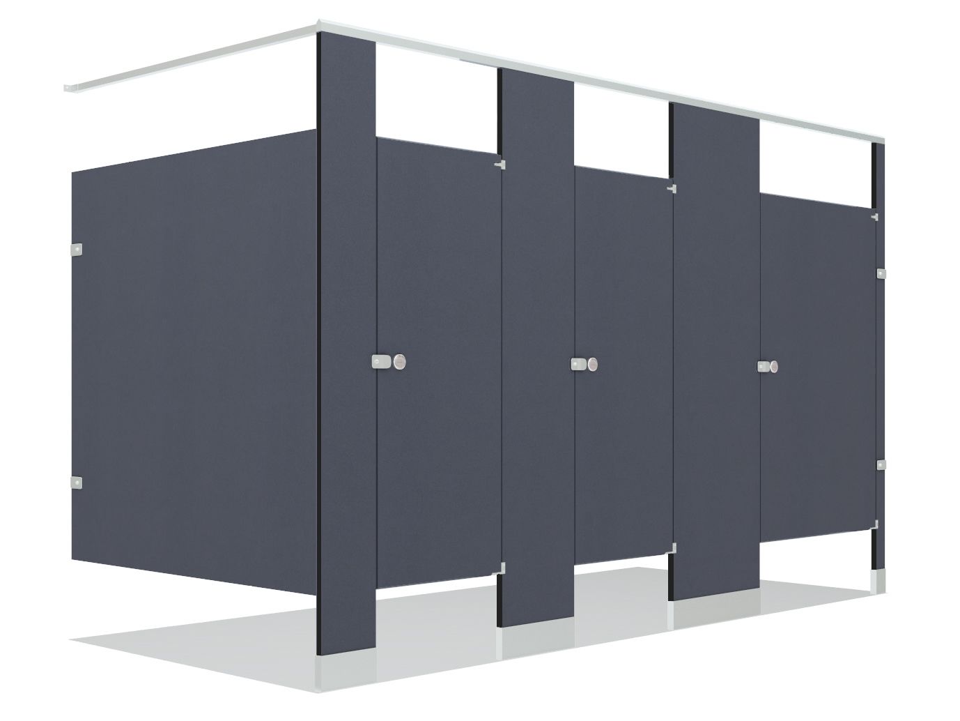 Dark gray restroom stalls with white trim and metal doors, viewed in a row from an angle