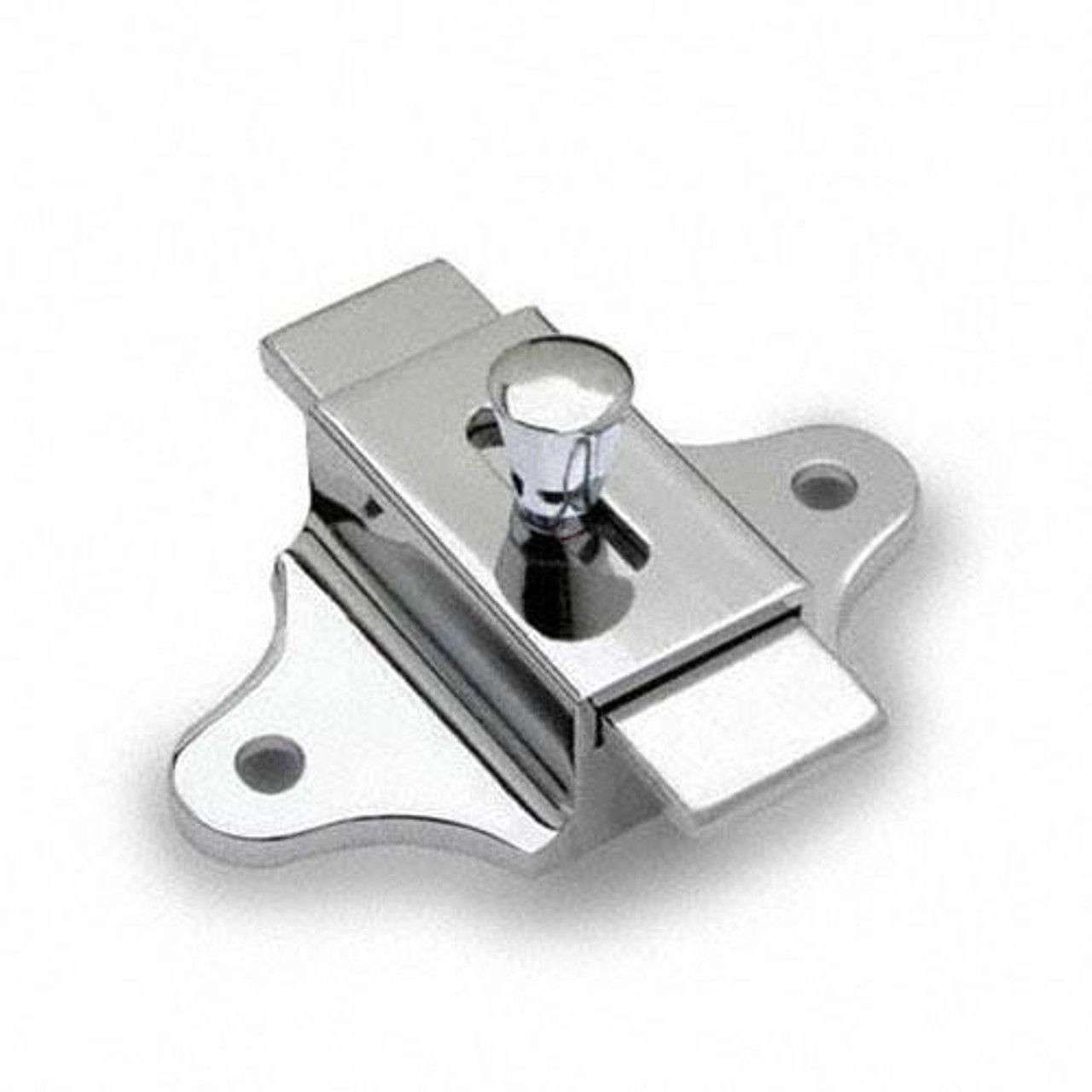Silver metal locking latch with a round knob and two mounting holes on a white background