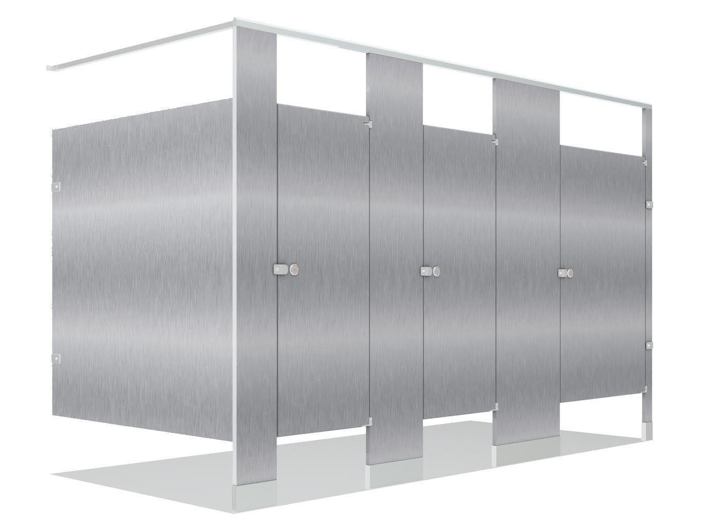 Stainless steel restroom stall partition with three doors and top openings