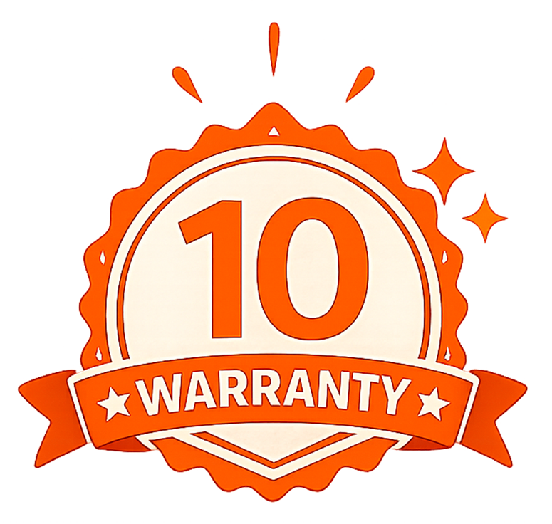 Orange 10-year warranty badge with ribbon and starburst accents