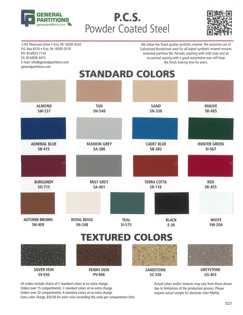 P.C.S. powder coated steel color chart with standard and textured color swatches.