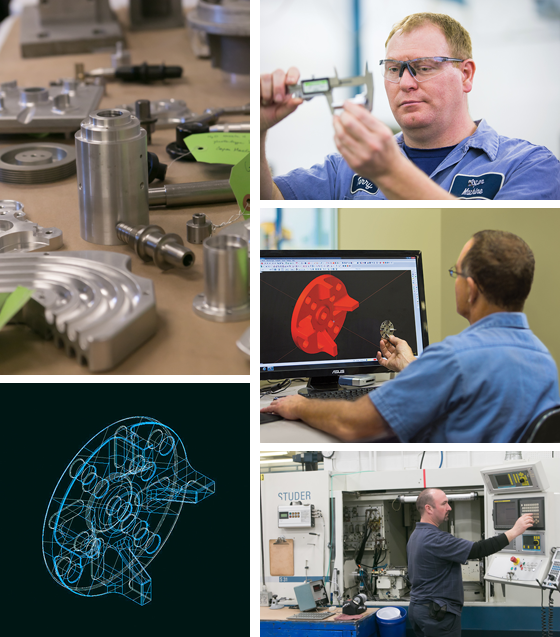A collage of photos of a man working in a factory
