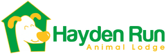 Hayden Run Animal Lodge Logo for Hayden Run Animal Lodge, featuring a dog inside a green house and green text.