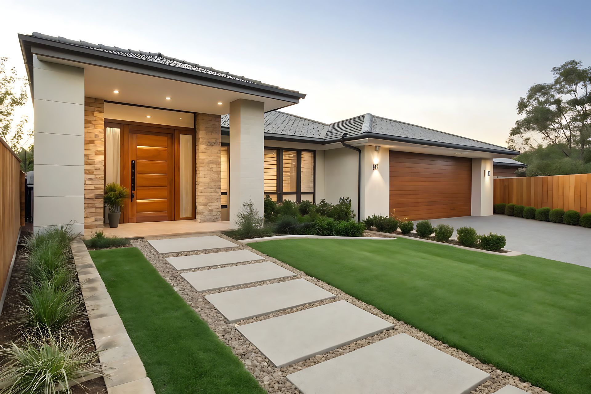 A modern one-story suburban home with a stone-accented entrance, wooden door, two-car garage, and a paved stone walkway.