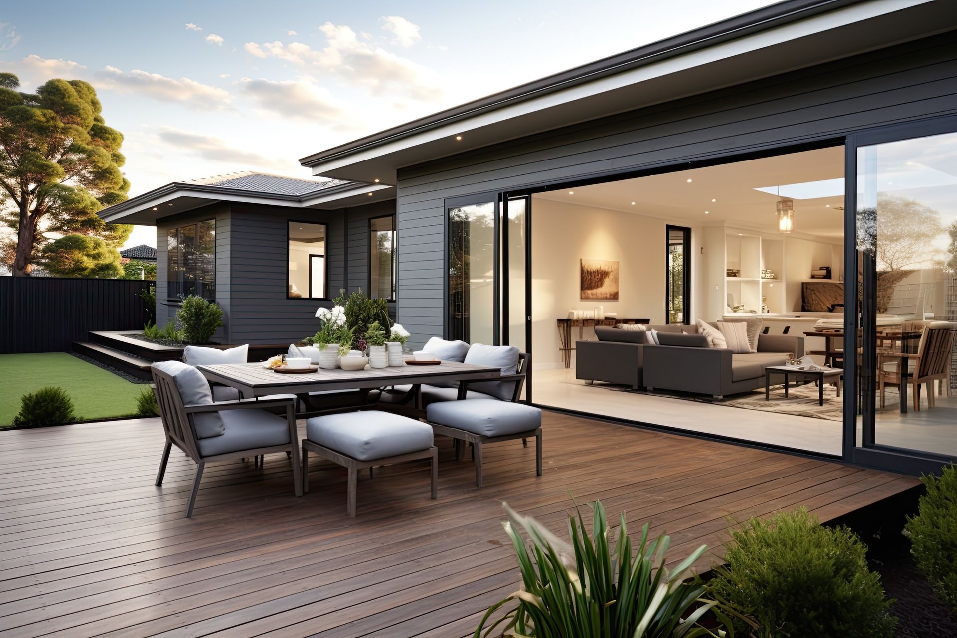 Modern home exterior with a spacious wooden deck, outdoor dining furniture, and sliding glass doors opening to a lounge.