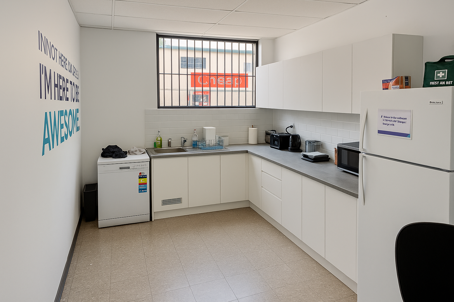 Bright kitchen with white cabinets, fridge, sink, and countertop appliances by a barred window.