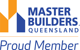 Logo for Master Builders Queensland, a building organization. Features orange and blue geometric house shape, and text 