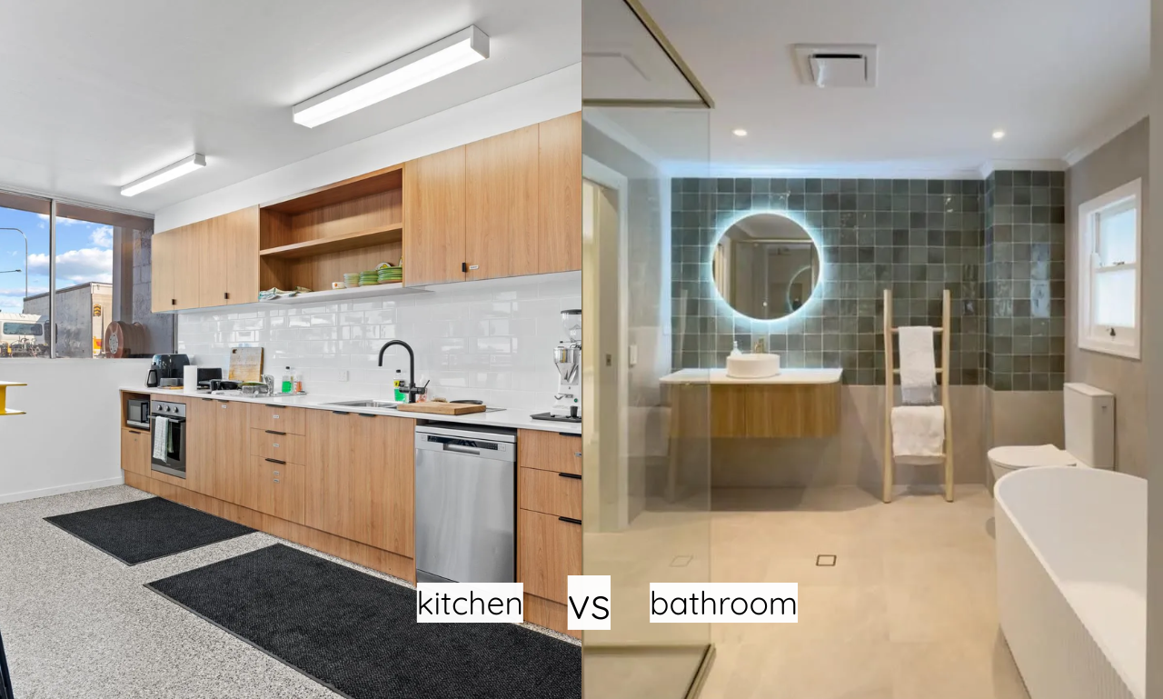 Modern open kitchen and bathroom with wood cabinets, white counters, and a round lit mirror