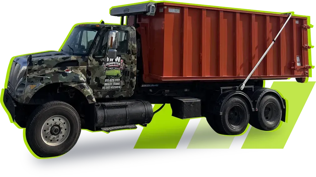 Roll off dumpster truck delivering a container in Fort Worth, TX