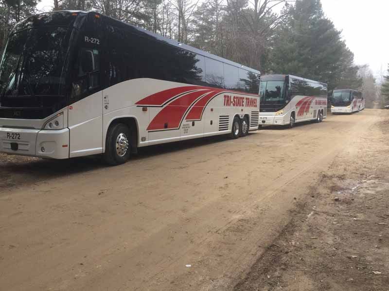 Three white tour buses with red stripes parked along a dirt road in a wooded area
