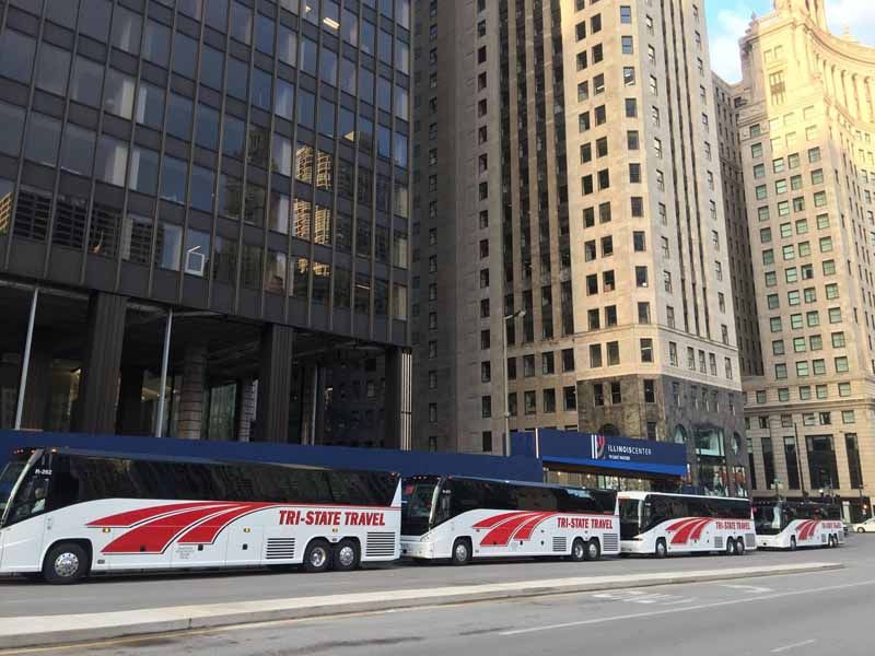 Two white Chicago Motor Coach buses parked on a city street beside tall office buildings