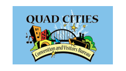 Quad Cities Convention and Visitors Bureau logo with colorful city skyline on blue background