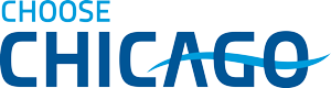 Choose Chicago logo in blue and white with a stylized skyline line