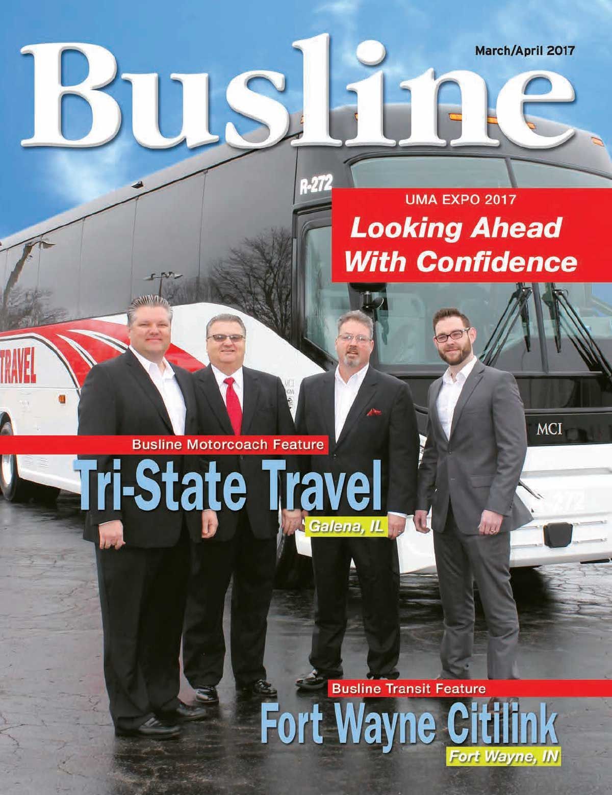 Busline magazine cover with three men in suits by a bus, titled “Tri-State Travel” and “Fort Wayne Citilink”