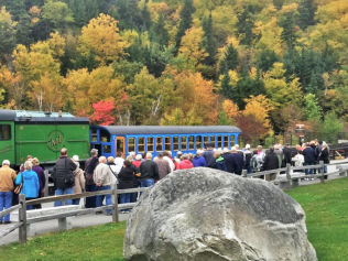 Crowd watching a green and blue train pass through a park in autumn