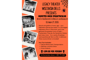 Orange flyer for Legacy Theater Westside Hills presents a monster mash spectacle with event details and photos