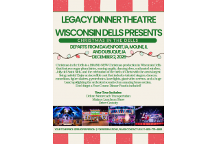 Legacy Dinner Theatre Wisconsin Dells presents a Christmas comedy poster with red and green text.