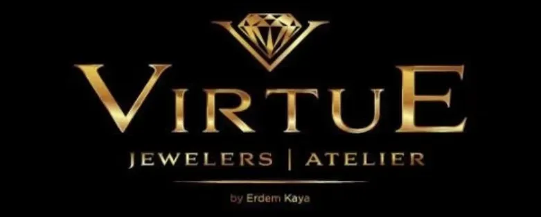 Virtue Jewelers Atelier gold logo on black background with diamond emblem
