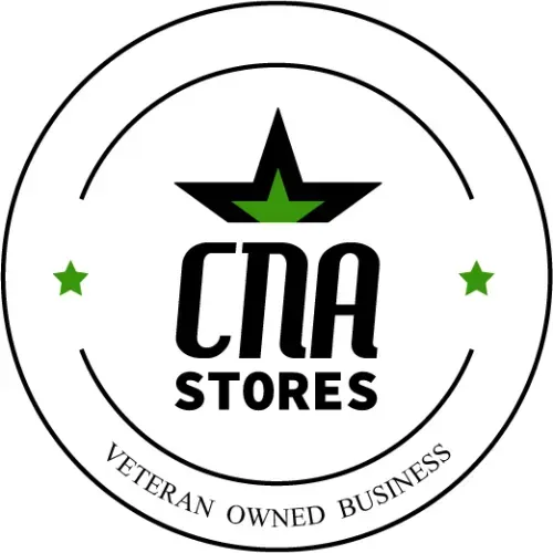 CNA Stores logo with black star, green accents, and “Veteran Owned Business” text in a circular seal