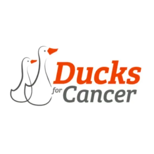 Logo with two white ducks and orange text reading “Ducks for Cancer”