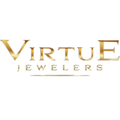 Gold “Virtue Jewelers” logo on a white background