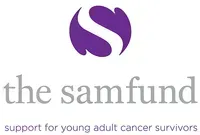 The Samfund logo in purple with the text “support for young adult cancer survivors”