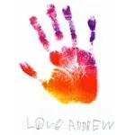 Colorful painted handprint with the words “Love Andrew” beneath it