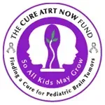 Purple Cure ATRT Now Fund logo with white child silhouette and text about finding a cure for pediatric brain tumors